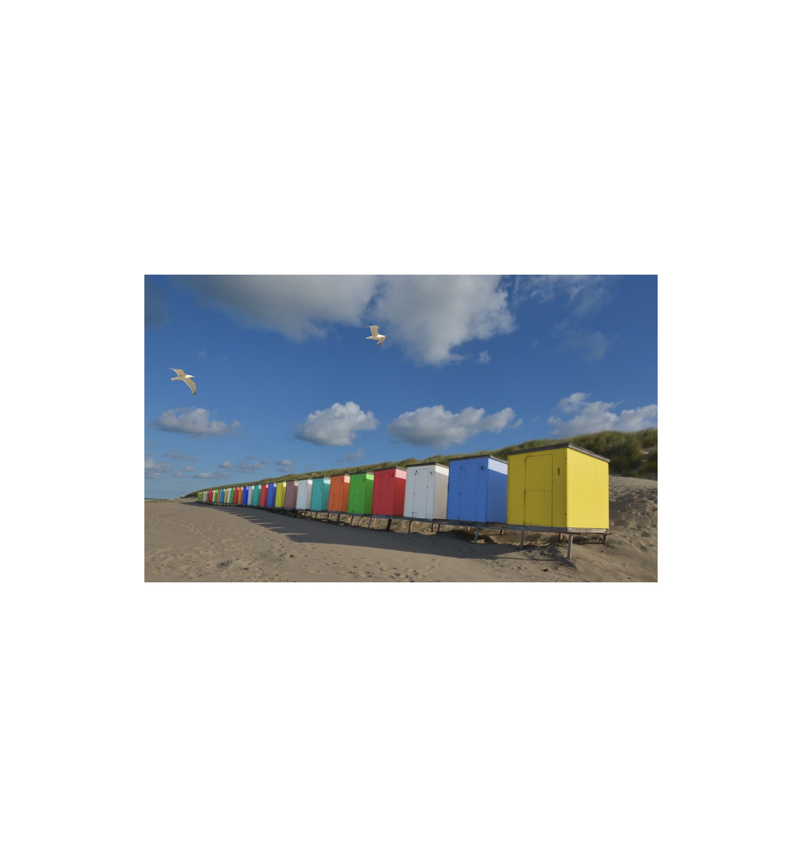 Fotowand gekleurde strandhuisjes. Grote keuze fotobehang zee en strand
