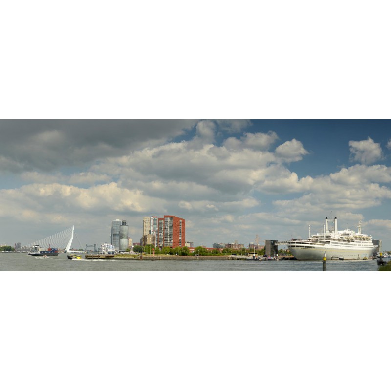 fotowand, fotobehang, muurposter Rotterdam Skyline en Erasmusbrug, Euromast, kop van zuid